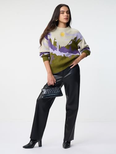 The Souled Store Lilac Sun Landscape Women and Girls Full Sleeves Round Neck Green Printed Acrylic Oversized Fit Lightweight Casual Pullover Sweater
