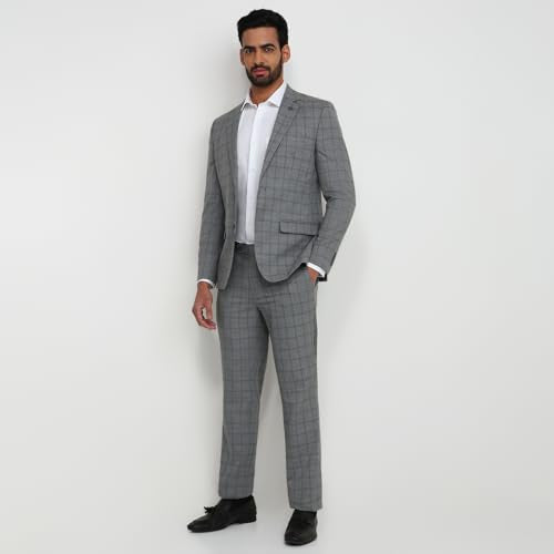 Park Avenue Men Slim Fit Solid Pattern Poly Viscose Wool Lycra Blend Notch Lapel Full Sleeve Formal Suit Grey