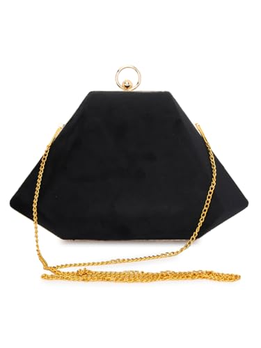 TOOBA Black Suede Clutch Bag for Women – Chic Synthetic Purse with Gold Frame & Chain Strap, Perfect for Formal Events, Dinners & Ethnic Outfits
