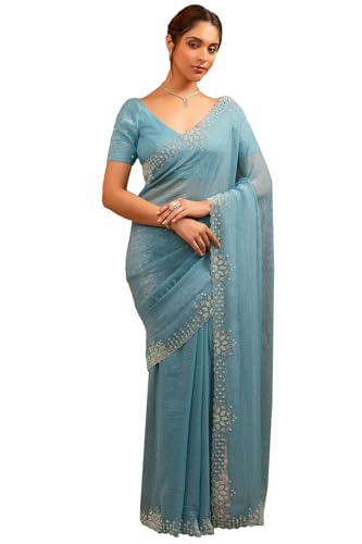 Soch Womens Powder Blue Organza Saree With Stone Work