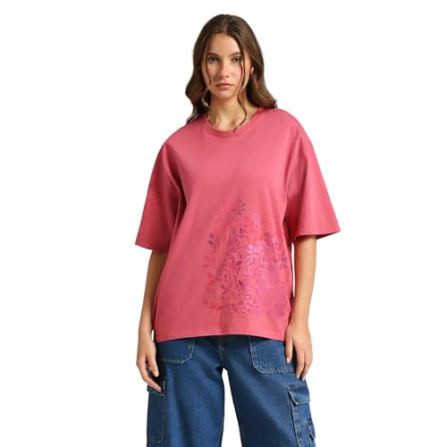 Pepe Jeans Women's Floral Oversized Fit T-Shirt (PL505909_English Rose Pink