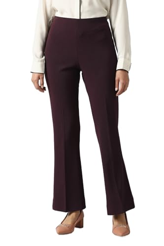 Women Maroon Textured Formal Trousers