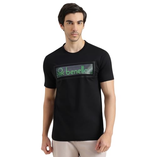 United Colors of Benetton Regular Fit Round Neck Printed T-Shirt (Size : KL) - 26P3ZSTJ3516I100 Black