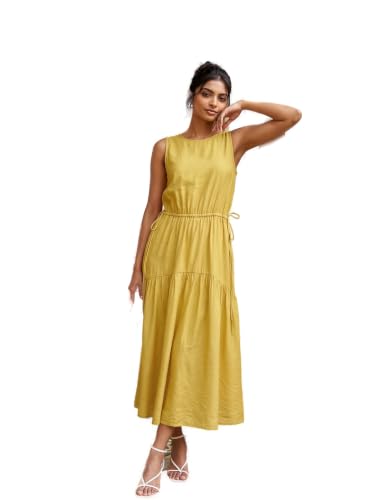 Max Women Solid Midi Dress (Yellow_XS)