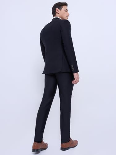 Raymond Men Slim Fit Solid Pattern Poly Rayon Blend Shawl Collar Full Sleeve Formal Suit Black