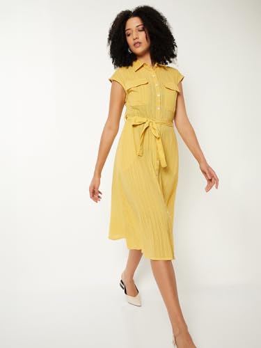 Max Women Striped Shirt Midi Dress (Yellow_M)