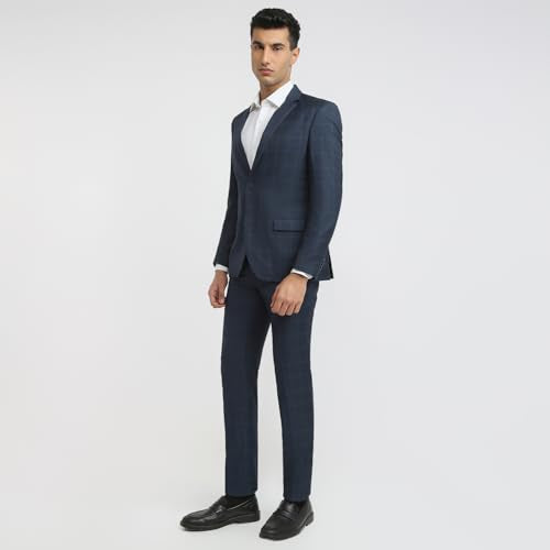 Park Avenue Men Slim Fit Solid Pattern Terry Rayon Blend Notch Lapel Full Sleeve Formal Suit Blue
