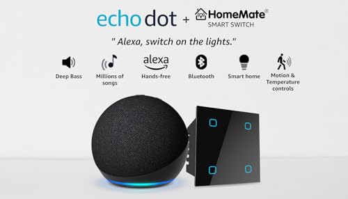 Amazon Echo Dot (5th Gen, Black) Combo with HomeMate Wi-Fi Smart 4 Gang Touch Switch (Black)