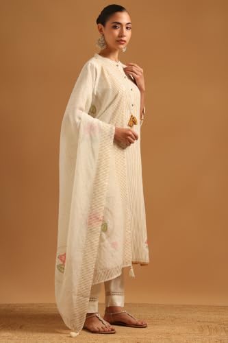 Soch Womens Mustard Linen Printed Stripes Hand Embroidery Salwar Suit