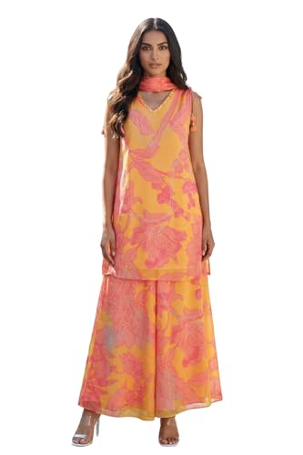 W for Woman Yellow Floral Printed Tassels Straight Kurta with Flared Pant and Dupatta Set - (WS13689-126978-XXL)