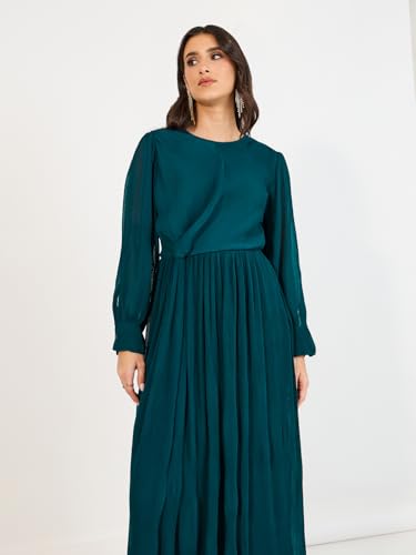 Styli Women Solid Round Neck Long Sleeves A-Line Maxi Dress | Navy Blue | Elegant & Flattering Fit | Perfect for Casual, Semi-Formal, and Formal Occasions | Zip Closure for Secure Fit