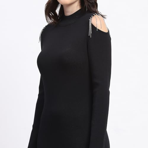 Madame Rhinestone Embellished Cold Shoulder Black Midi Dress