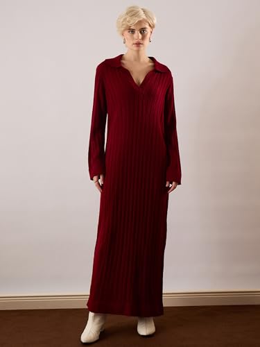 Sassafras Women Maroon Acrylic Wool Collar Midi Dress M