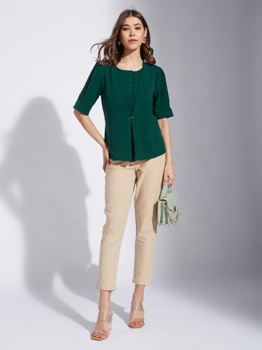 Latin Quarters Women Green Round Neck Half Sleeve Solid Tunic Blouse_S