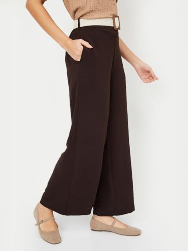 Max Women Textured Wide Leg Trousers (Brown_XL)