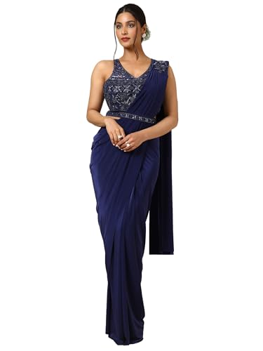 Soch Womens Navy Blue Nylon Blend Ready to Wear Saree With Sequins