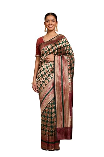 Taneira Women Darkgreen Pure Silk Brocade Banaras Saree With Unstitched Blouse Piece (SAIH04AC5696-Dark Green)