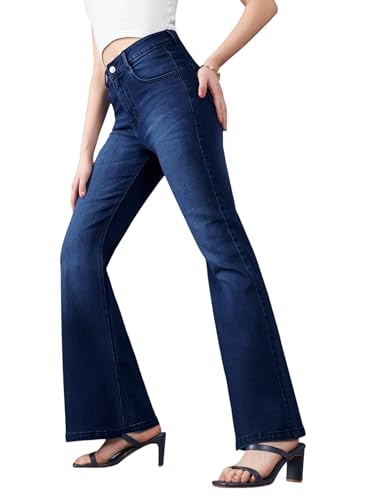 Dolce Crudo Women's High-Rise Regular-Length Stretchable Flared Denim Jeans (DOSS24DEN12-92-71-38, Navy Blue, 38)