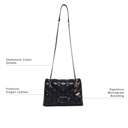 Akiki London Women's Danson 26 Sling Bag|comes with Dog Charm|Flap Closure|Quilted Pattern|Vegan Leather Material|Chain detail in strap|Womens Sling Bag|Ladies Gift