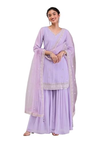 TRENDMALLS Women's Georgette Embroidery Sequins Work Kurta Sharara Set with Dupatta (G251-LightPurple-XXL)