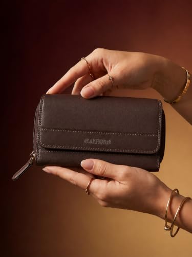 Calfnero Zodiac Women's Genuine Leather Large Zip-Around Wallet - RFID Blocking Clutch Purse | Organizer with 7 Card Slots, ID Window & 2 Secure Compartments - Dark Brown