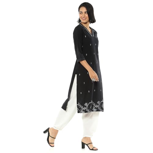 Rangriti Women's Black Cotton Jacquard Yarndyed Straight Kurta_38