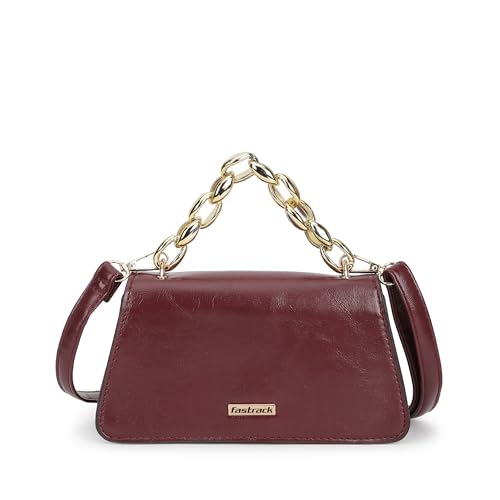 Fastrack Party Sling Bag for Women | Compact Shoulder Bag for Girls, Ladies, Women | Faux Leather Handbag with Gold Chain Handle (Maroon)