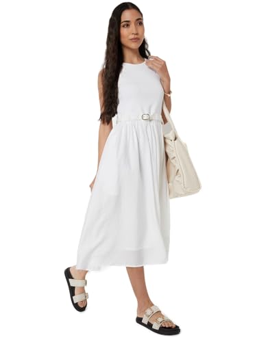 Max Women Solid A-line Midi Dress with Belt (Off White_S)