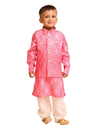 Manyavar Boys Cotton Blend Bandhani Print Kurta Jacket Set (Pink,5-6Y)