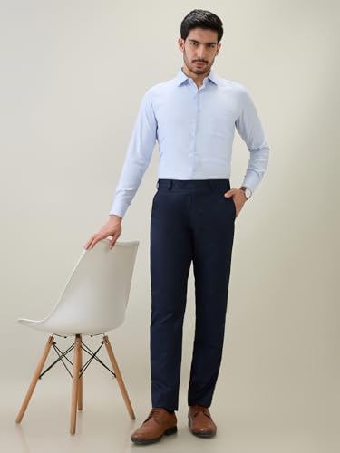 Raymond Men Contemporary Fit Structure Pattern Bamboo Polyester Blend Semi Cutaway Collar Full Sleeve Formal Shirt Blue