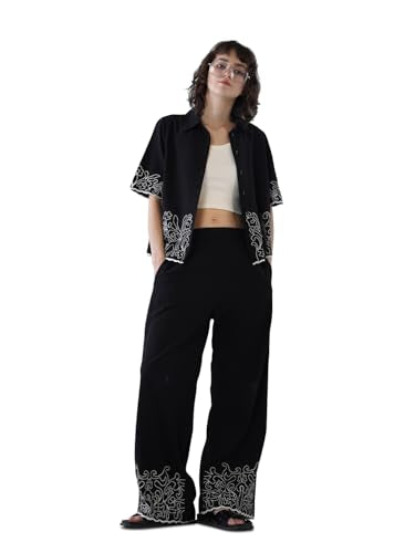 ONLY Women Embroidrey Flared Fit High-Rise Black Pants