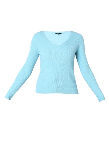 VERO MODA Women Solid Blue Viscose Regular Fit Pullover Sweater