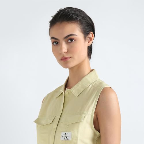 Calvin Klein Linen Green Solid Shirt Collar Sleeveless Women Shirt Dress (XS)