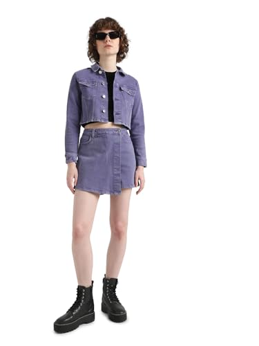 ONLY Women Solid Cotton High Rise Blue Denim Skort