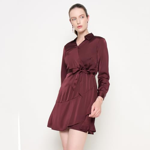 Madame Fabric Belted Cuff Sleeve Solid Chocolate Brown Satin Short Dress