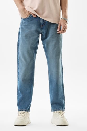 SNITCH Men Jeans | Relaxed Fit Textured Design | 100% Cotton Woven Fabric & Stone-Wash Finish for Casual & Street Wear |Blue