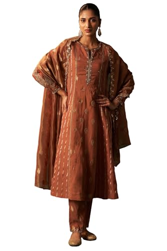 Wishful Women's Copper Brown Metallic Embroidered Flared Chanderi Kurta with Straight Pant and Dupatta Set (SP12566-314269-S)