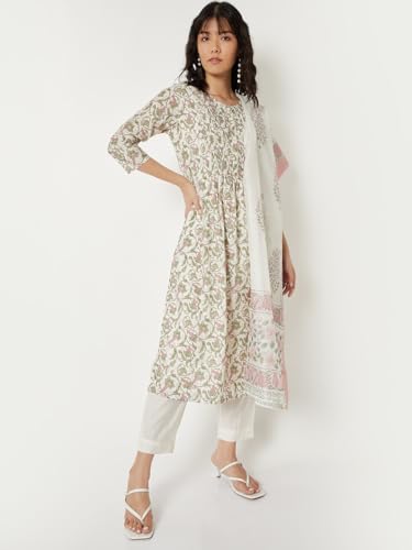 Max Women Floral Print Straight Kurta Set(White_S)