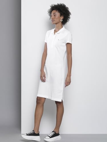 Tommy Hilfiger Women White Collar Short Sleeves Solid Cotton Button Polo Dress Knee-Length A2BWV153