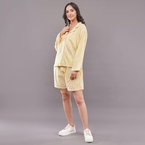 Women's Yellow Striped Lounge Co-ord Set | Full Sleeve Collared Button-Down Shirt with Shorts | Comfortable Casual Nightwear, Loungewear & Sleepwear Set for Women (in, Alpha, S, Regular)