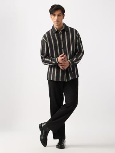 The Souled Store Striped Shirt: Mercury Men and Boys Long Sleeve Spread Collar Charcoal Grey Striped Cotton Blend Lightweight Easy to Style Everyday Office Wear Relaxed Shirt
