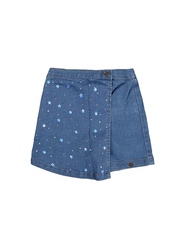 KiddoPanti Girls Denim Over Lap Skort with Flowers and Rhinestones, Md Wash with Flowers and Rhinestones - 12-14Y