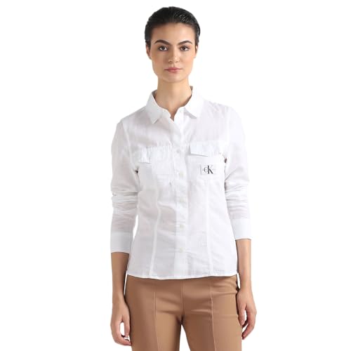 Calvin Klein Linen White Solid Spread Collar Full Sleeve Women Shirt (XXL)