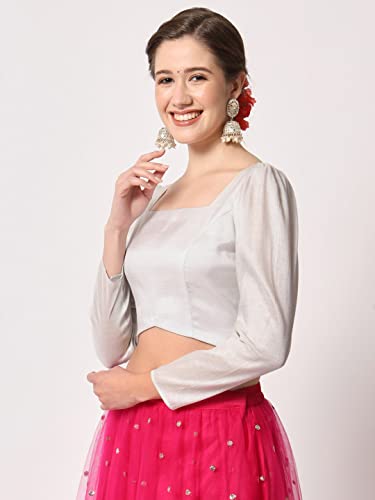 studio rasa Women's Plus Size Cotton Tissue Sheer Sleeves Readymade Saree Blouse for Festive Wedding Party (TPWC12309-2XL_BL_Silver_2X-Large)