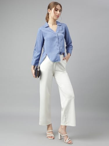 Latin Quarters Women Blue 3/4 Sleeve Spread Collar Solid Shirt_XL