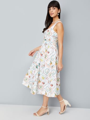 Max Women Printed Fit & Flare Midi Dress(Off White_M)