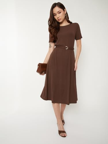 Max Women Textured A-line Belted Dress (Brown_XL)