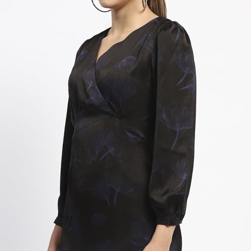 Madame Abstract Print Surplice Neck Black Midi Dress