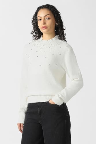 Women White Embellished Round Neck Sweater