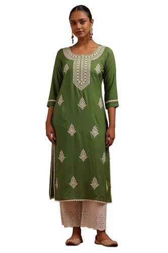 Soch Womens Green Rayon Chikankari Embroidered Kurta